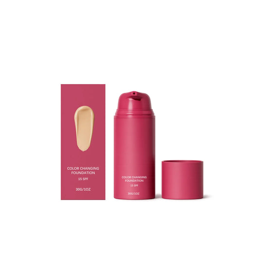 Warm Glow Foundation met kleuradaptieve formule en natuurlijke dekking in roze verpakking.
