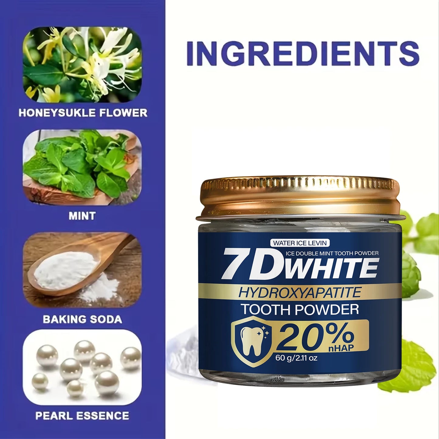 7D Hydroxyapatiet Tandpoeder met Houtskool & Munt – Diepe Reiniging en Frisse Adem (60g)