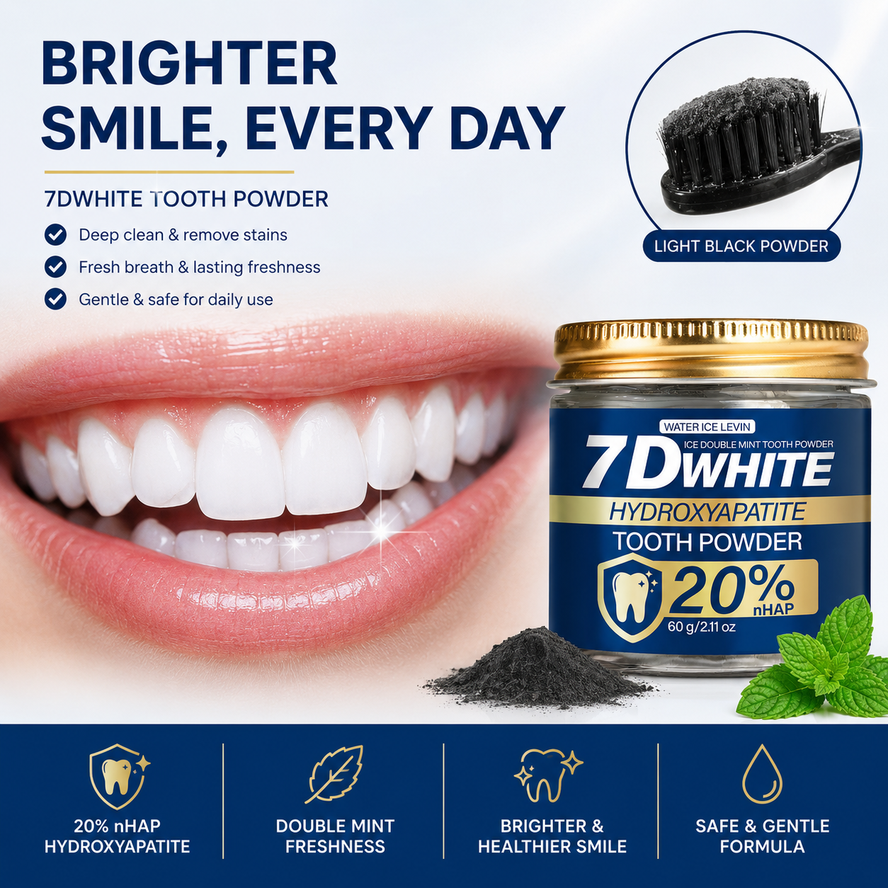 7D Hydroxyapatiet Tandpoeder met Houtskool & Munt – Diepe Reiniging en Frisse Adem (60g)